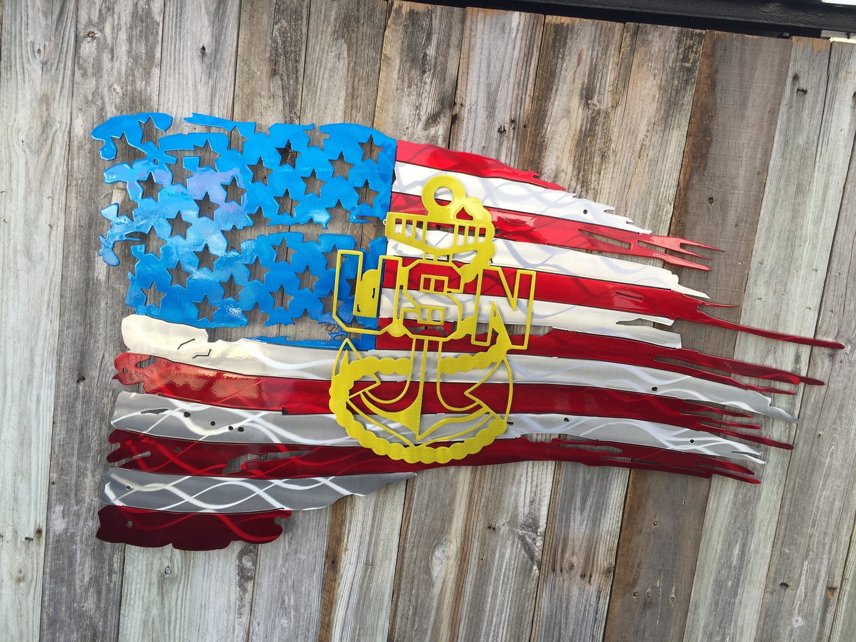 USN Anchor on Tattered American Flag-advanced-metal-art.myshopify.com